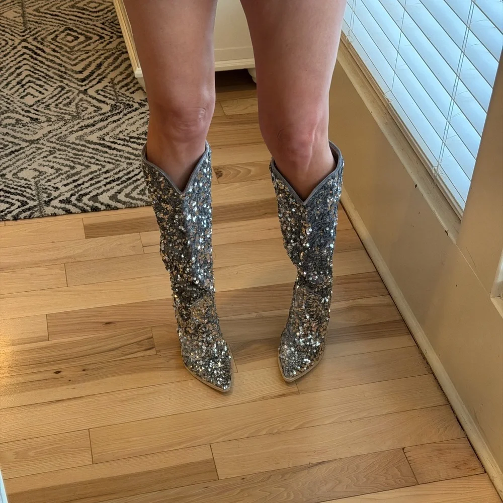 Steve Madden hi heel Boots Tyrus silver Sequin - size 6! NEW! - Picture 2 of 9